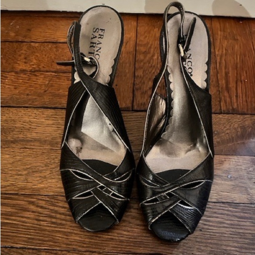 Franco Sarto Black & Silver Lizard Sling Back Peep Toe Sandals